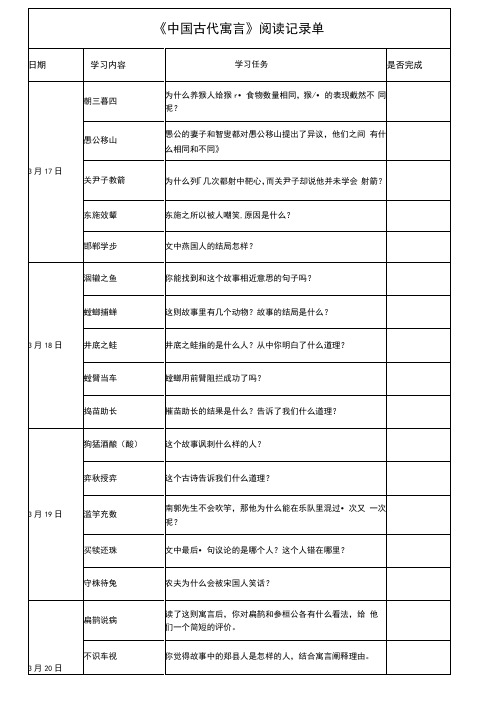 《中国古代寓言故事》阅读任务单及记录单