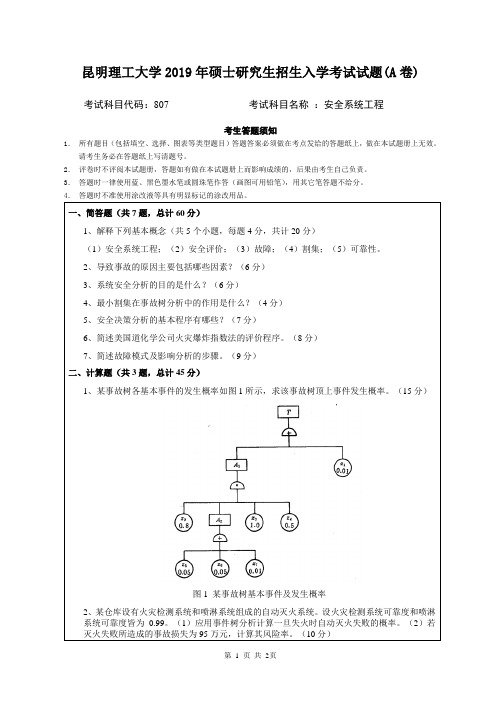 2019年昆明理工大学安全系统工程考研真题