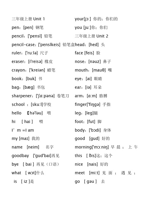 人教版PEP(三年起)小学英语单词表(带音标)