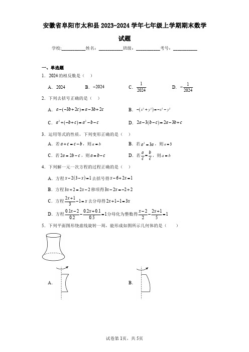 安徽省阜阳市太和县2023-2024学年七年级上学期期末数学试题