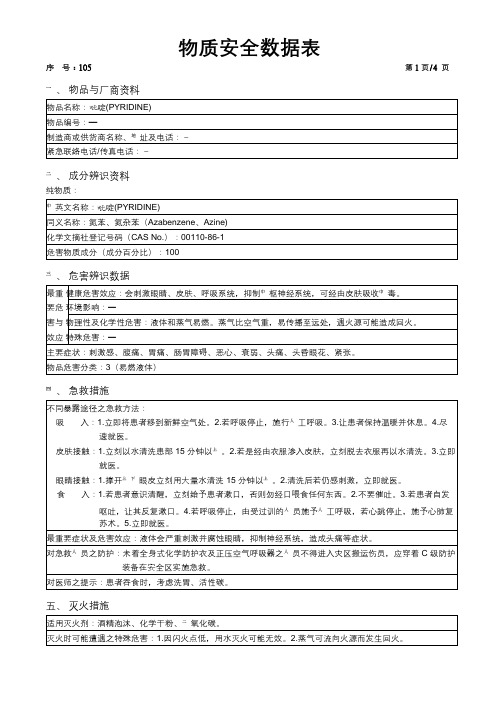 吡啶(PYRIDINE) 化学物质安全资料表