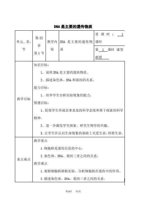 苏教版初中八年级下册生物精品教案《第22章 第1节 DNA是主要的遗传物质》(1)