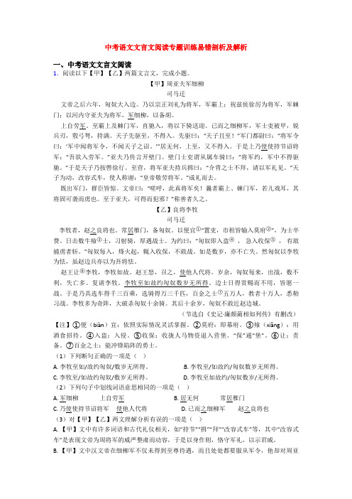 中考语文文言文阅读专题训练易错剖析及解析