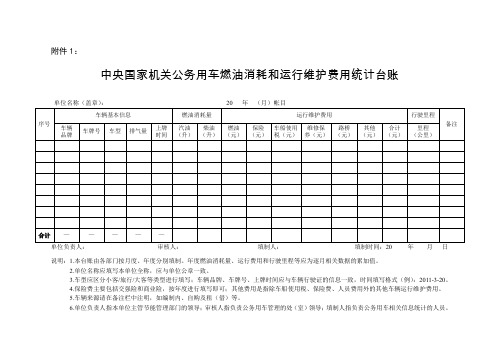 中央国家机关公务用车燃油消耗和运行维护费用统计台账