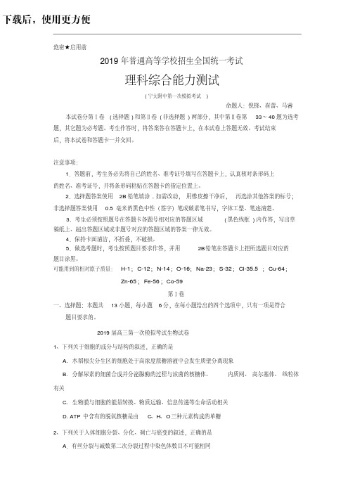 宁夏大学附属中学2019届高三第一次模拟考试理科综合试卷