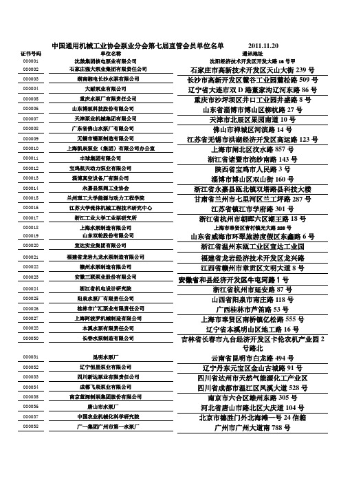 (机械制造行业)中国通用机械工业协会泵业分会第七届直管会员单位名单