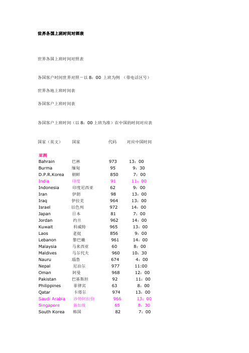 世界各国上班时间对照表