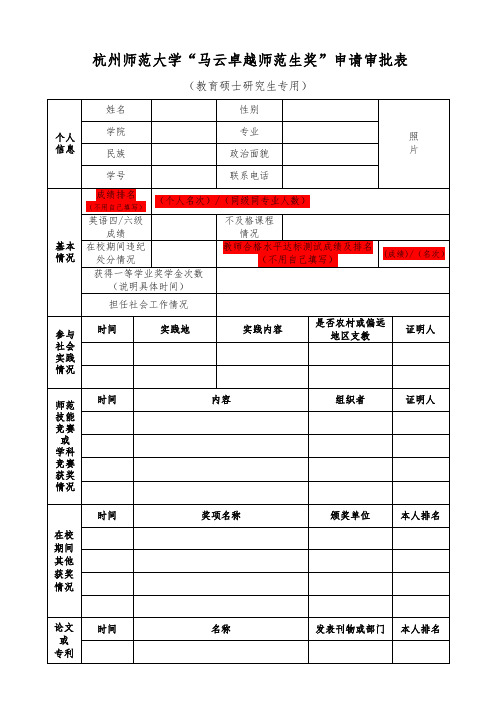 杭州师范大学马云卓越师范生奖申请审批表