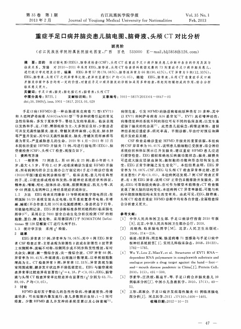 重症手足口病并脑炎患儿脑电图、脑脊液、头颅CT对比分析