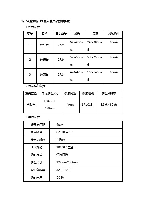 全彩色LED显示屏产品技术参数