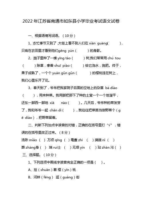 2022年江苏省南通市如东县小学毕业考试语文试卷