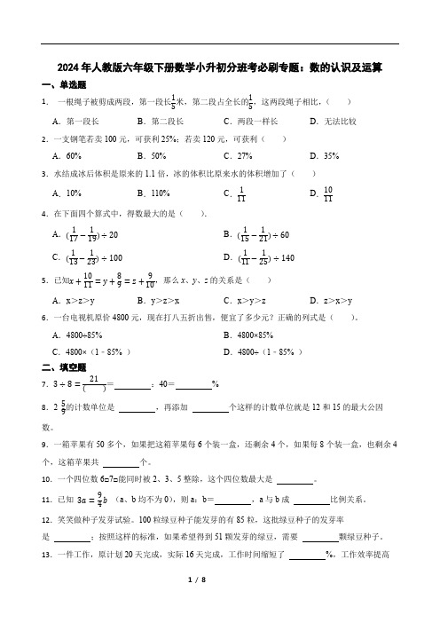 2024年人教版六年级下册数学小升初分班考必刷专题：数的认识及运算