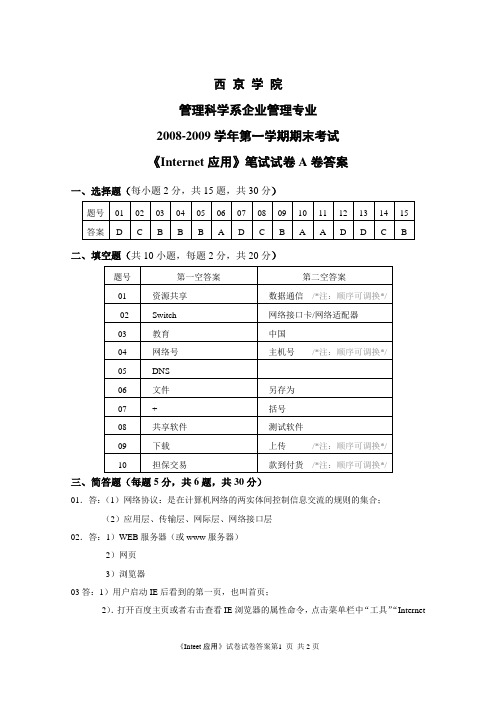 Internet应用试题A卷标准答案