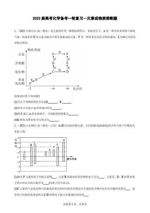 2023届高三化学备考一轮复习—元素或物质推断题