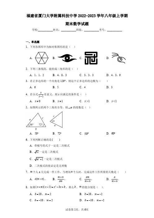 福建省厦门大学附属科技中学2022-2023学年八年级上学期期末数学试题