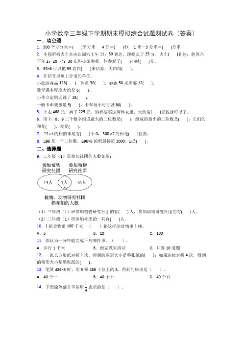 小学数学三年级下学期期末模拟综合试题测试卷(答案)