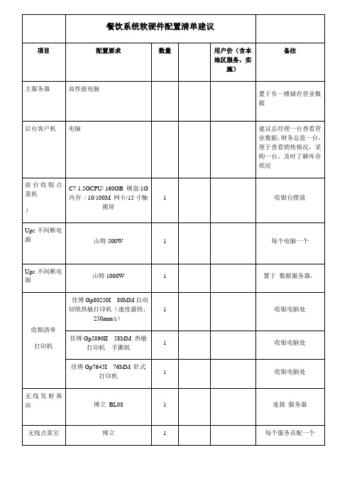 餐饮系统软硬件配置清单建议