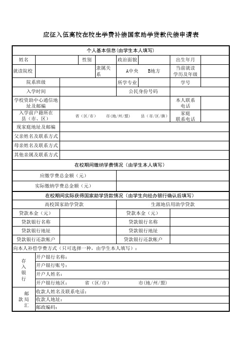 应征入伍高校在校生学费补偿代偿申请表