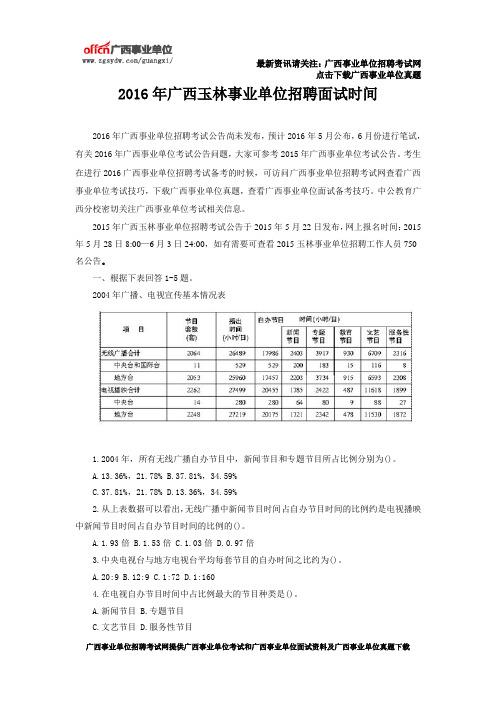 2016年广西玉林事业单位招聘面试时间