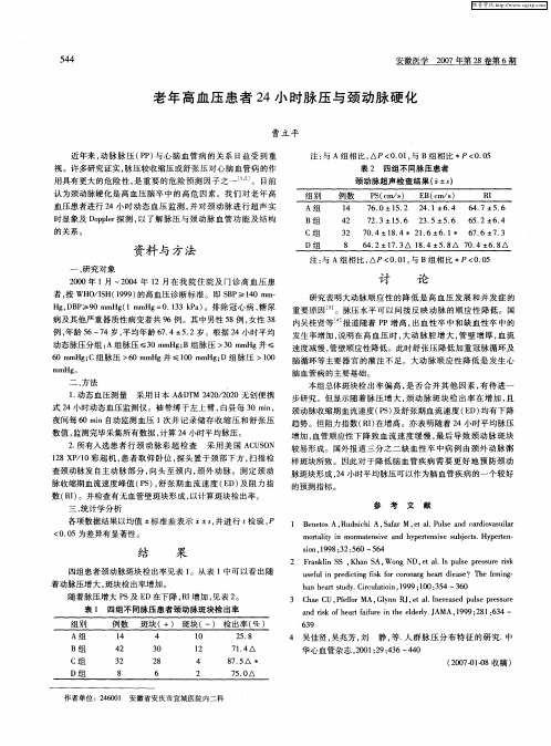 老年高血压患者24小时脉压与颈动脉硬化