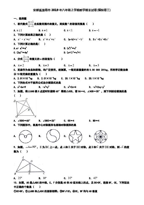 安徽省淮南市2019年八年级上学期数学期末试卷(模拟卷三)