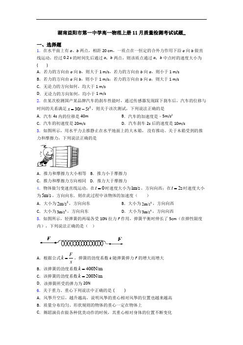 湖南益阳市第一中学高一物理上册11月质量检测考试试题_