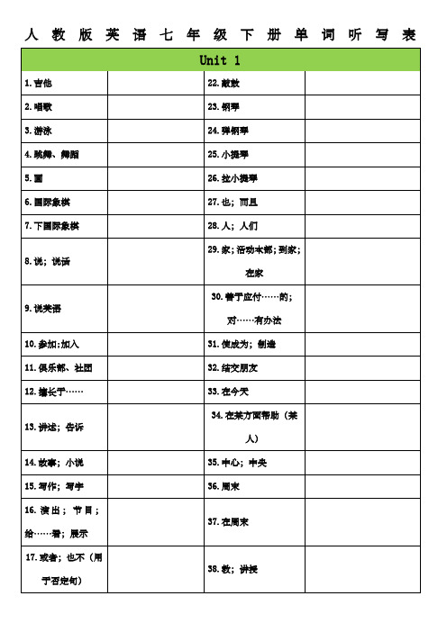 新人教版英语七年级下册单词听写表