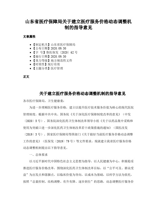 山东省医疗保障局关于建立医疗服务价格动态调整机制的指导意见