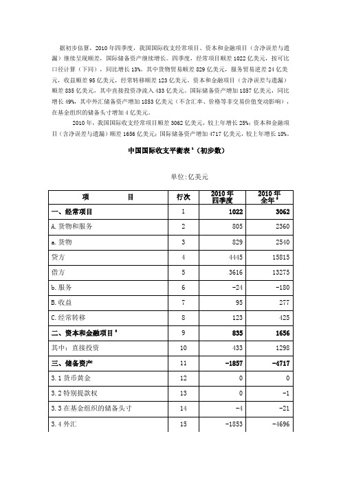 2010年四季度及2010年我国国际收支平衡表初步数据