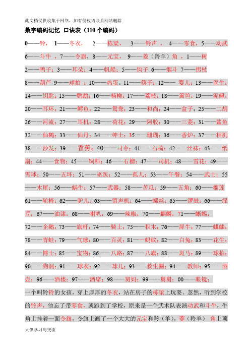 数字编码记忆口诀表讲课教案