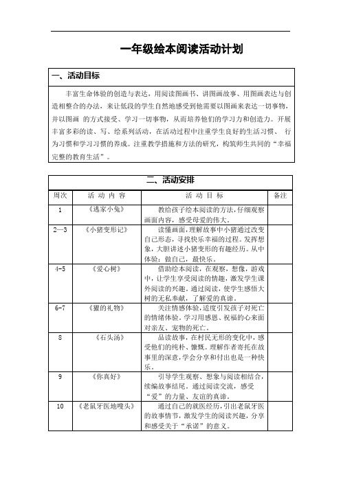 一年级绘本阅读活动计划