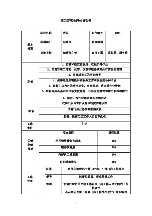 麦当劳店长岗位说明书