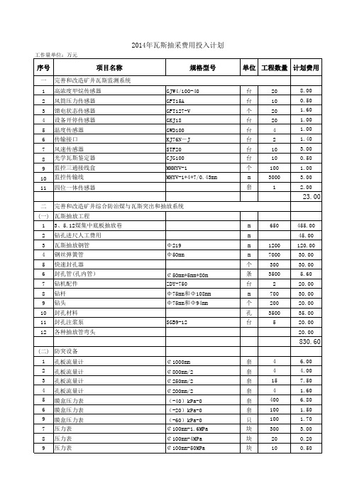 2013年瓦斯抽采费用计划表(最终版)