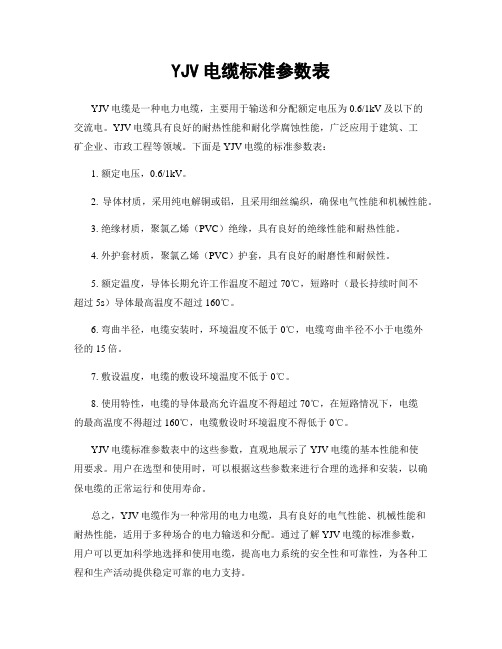 YJV电缆标准参数表