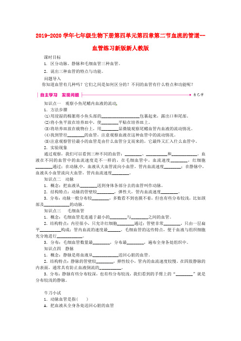 2019-2020学年七年级生物下册第四单元第四章第二节血流的管道--血管练习新版新人教版 .doc