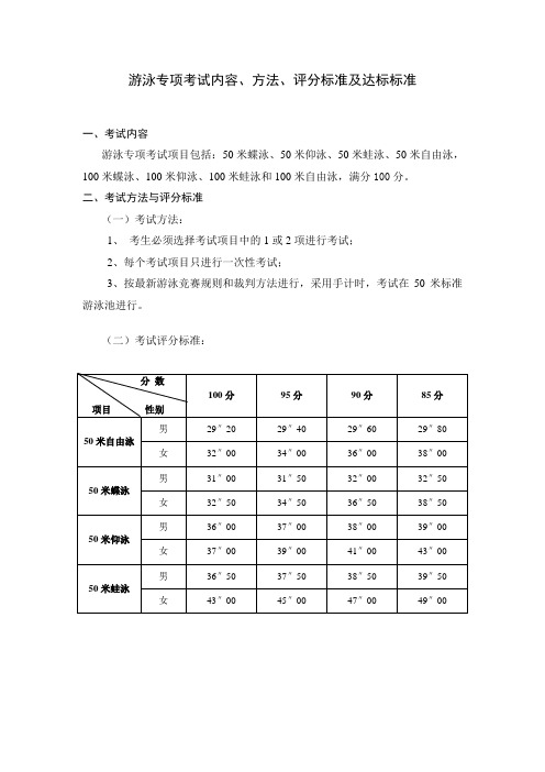 游泳专项考试内容、方法、评分标准及达标标准