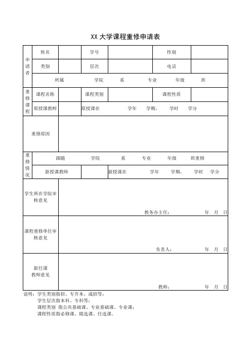 XX大学课程重修申请表