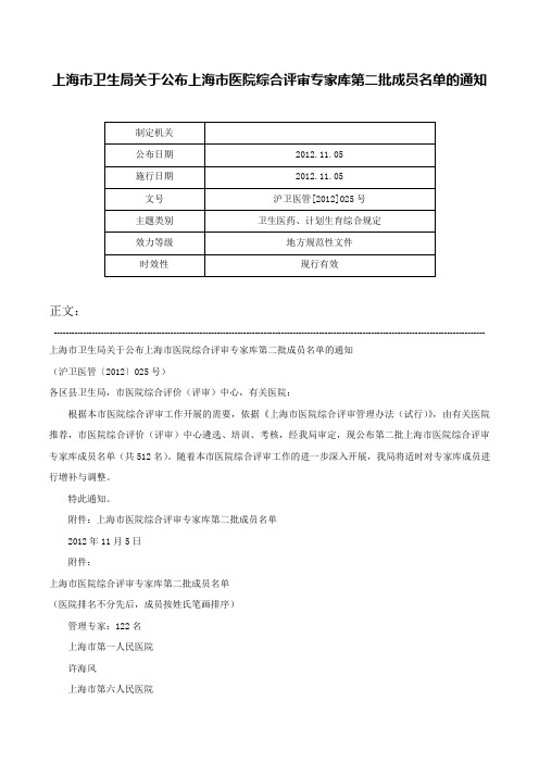 上海市卫生局关于公布上海市医院综合评审专家库第二批成员名单的通知-沪卫医管[2012]025号