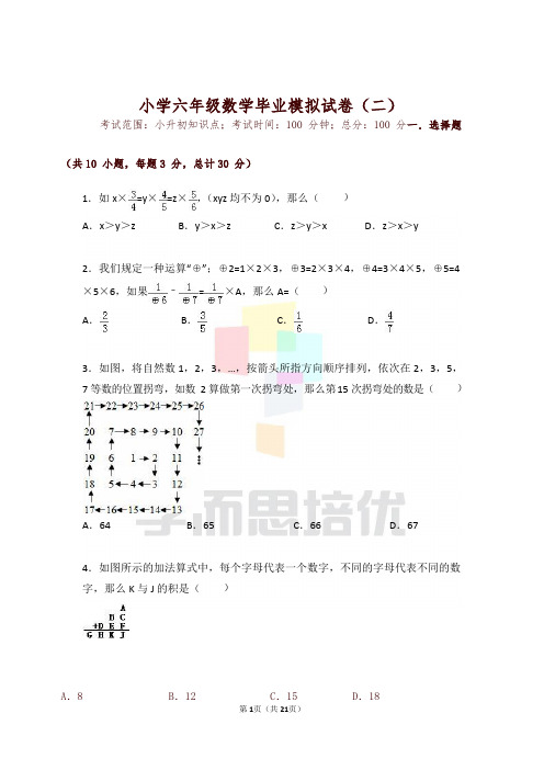 【小升初数学】苏教版六年级数学毕业考试模拟试卷(二)及答案解析