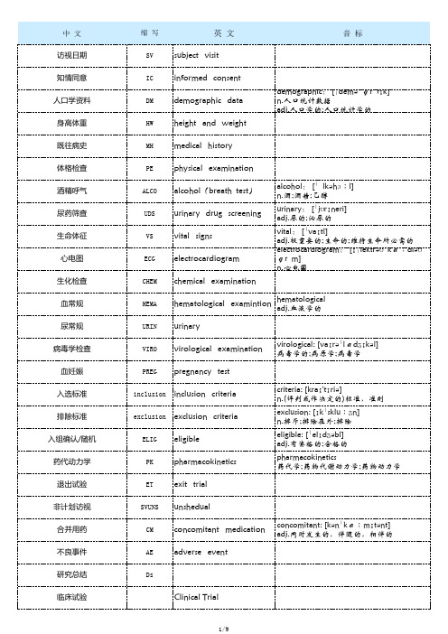 临床试验中相关术语的英文缩写