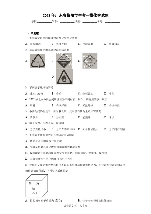 2023年广东省梅州市中考一模化学试题(含解析)