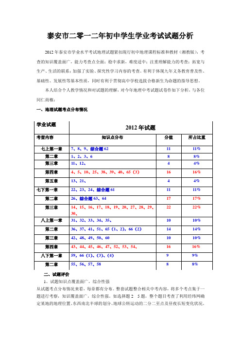 泰安市二零一二年初中学生学业考试试题分析