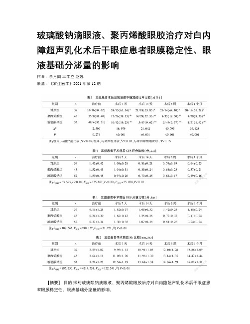 玻璃酸钠滴眼液、聚丙烯酸眼胶治疗对白内障超声乳化术后干眼症患者眼膜稳定性、眼液基础分泌量的影响