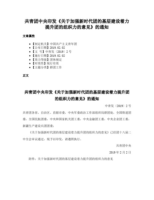 共青团中央印发《关于加强新时代团的基层建设着力提升团的组织力的意见》的通知