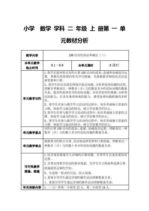 2023年苏教版数学小学二年级上册全册集体备课及单元分析