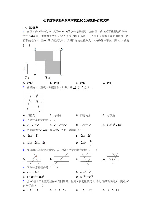 七年级下学期数学期末模拟试卷及答案-百度文库