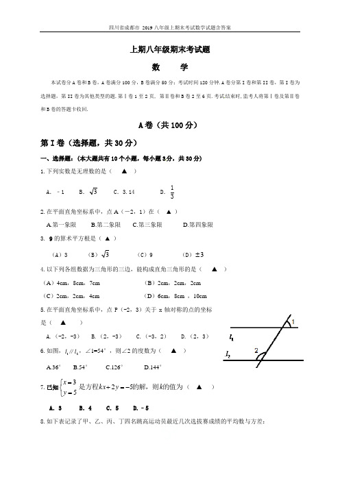 四川省成都市 2019八年级上期末考试数学试题含答案