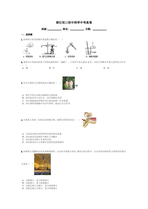 浙江初三初中科学中考真卷带答案解析
