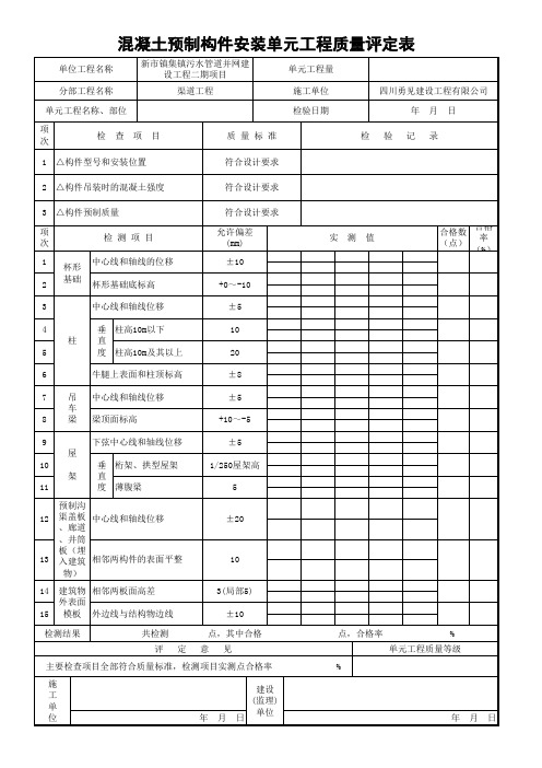 混凝土预制构件安装单元工程质量评定表