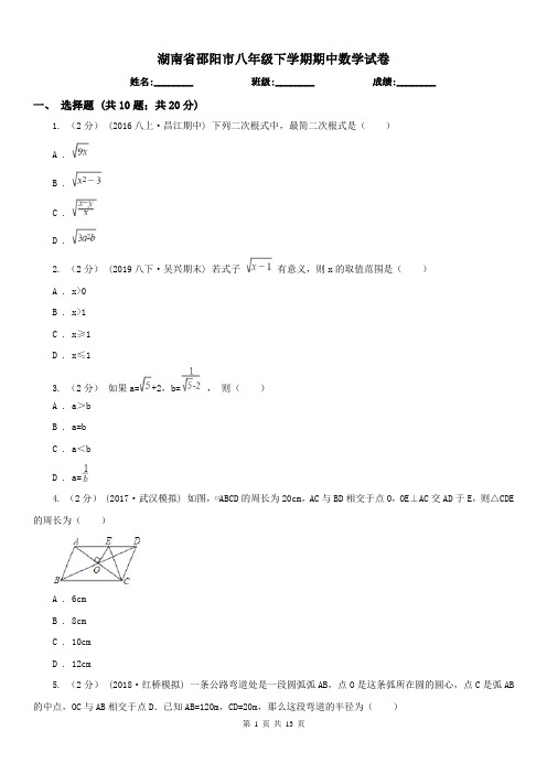 湖南省邵阳市八年级下学期期中数学试卷